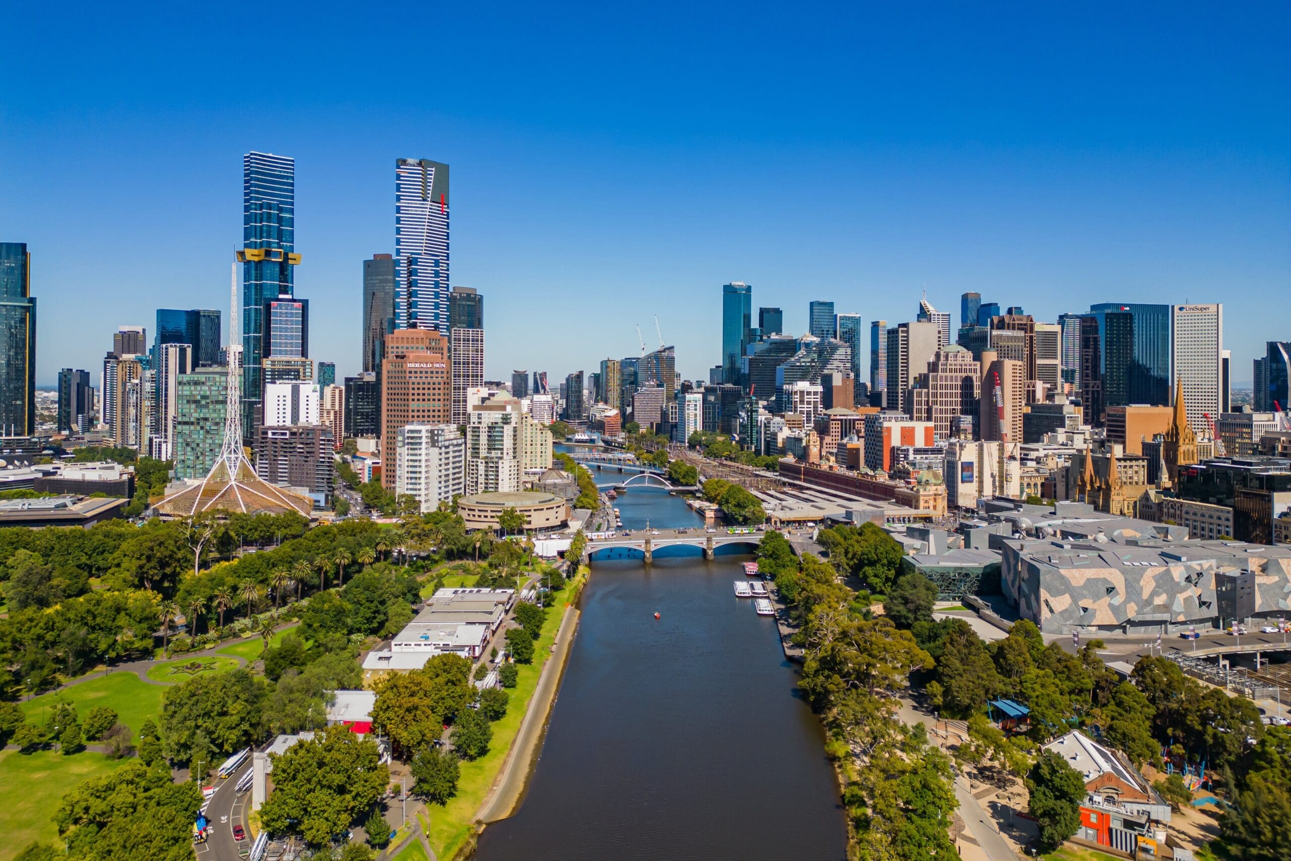 Areal view of Melbourne CBD, featuring Yarra River and the skyline.